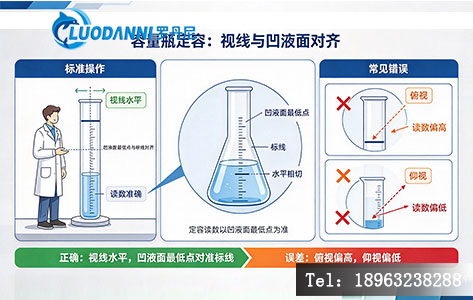 手动容量瓶定容操作示意图,展示视线水平对齐凹液面的标准操作姿势与常见错误视角对比