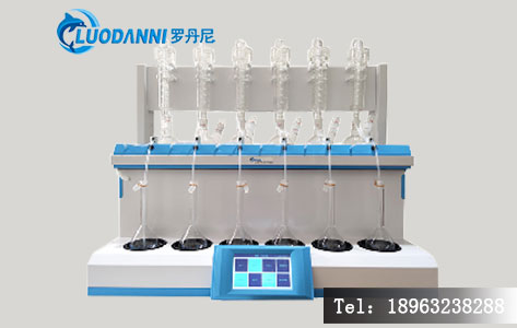 全自动智能一体化蒸馏仪 LD-6 设备实物图,标注核心结构:加热单元、冷凝单元、触控终端、接收模块