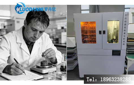 左侧是实验员满头大汗手动称量、记录数据的黑白照片;右侧是全自动设备运行,屏幕实时显示曲线,实验员在喝咖啡的彩色照片。