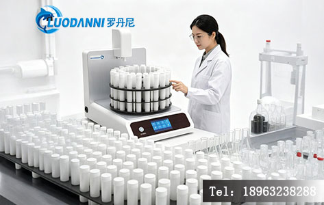 实验室分析员轻松地站在全自动定容仪旁,查看触控屏上的运行进度,前景是整齐排列的容量瓶阵列,传达出“从容高效”的氛围