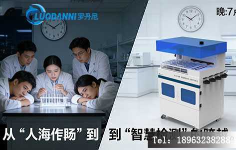 左侧是灰暗色调的传统实验室,几名穿着白大褂的人员围在滴定管前,神情疲惫,时钟指向晚上10点;右侧是明亮的现代化实验室,一台全自动仪器正在运行,屏幕显示绿色“检测完成”字样,时钟仅指向晚上7点。配文:从“人海战术”到“智慧检测”的跨越。