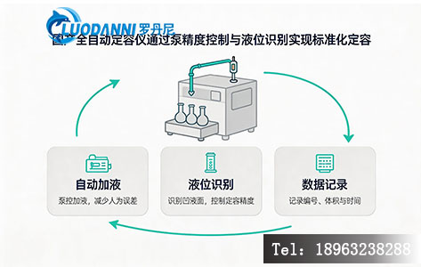国产全自动定容仪工作流程示意图,展示自动加液、液位识别、数据记录三个模块