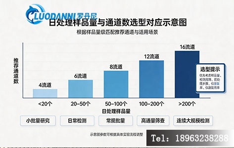 日处理样品量与通道数选型对应示意图,建议以阶梯柱状图呈现不同样品量级对应的推荐通道与适用场景