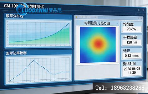 CM-100操作界面或成膜均匀性测试数据截图,突出膜厚分布曲线与速率控制