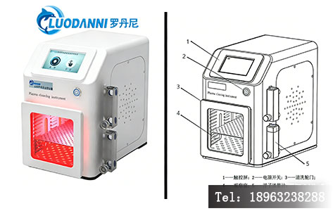 左侧为PCM-3整机外观,展示其紧凑的桌面级设计;右侧为设备内部结构剖面图,标注射频电源、真空腔体、气路控制单元和真空泵位置。