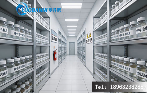 贵阳某第三方检测实验室走廊,样品架上摆满待检的锂电池电解液样品瓶,建议拍摄透视感强的中景