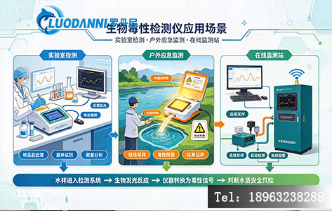 生物毒性检测仪在不同应用场景中的使用示意图——实验室/户外应急/在线监测站