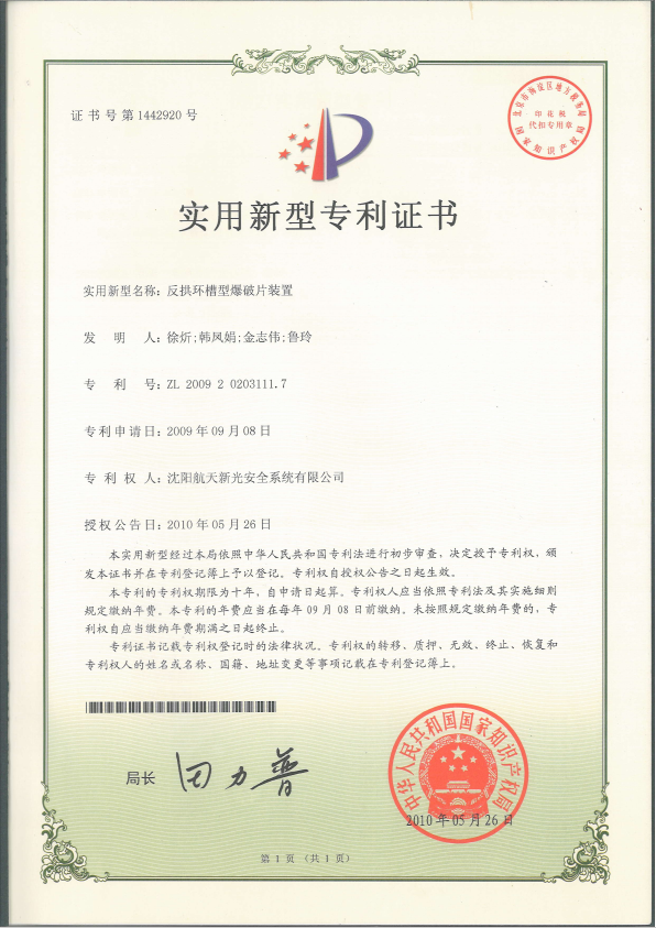 反拱环槽型爆破片装置