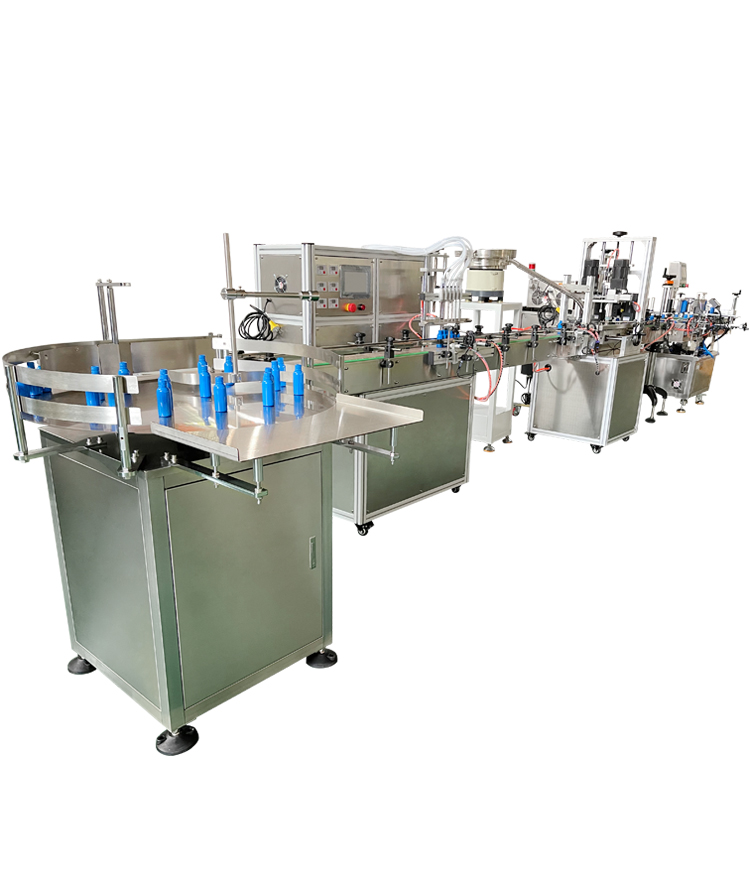 3.5L six-head magnetic pump filling machine + bottle unscrambler + cap unscrambler + capping machine