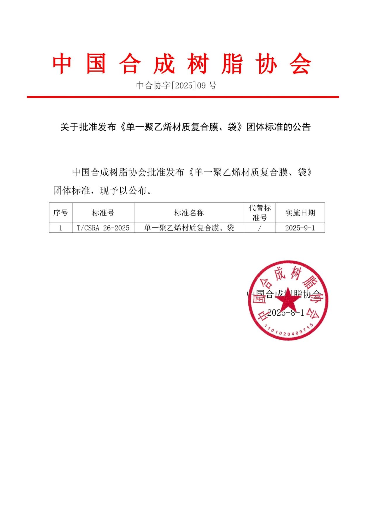 关于批准发布《单一聚乙烯材质复合膜、袋》团体标准的公告