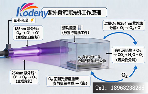 紫外臭氧清洗机工作原理示意图,标注185nm/254nm双波长光路与臭氧生成-分解循环