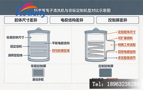 标准等离子清洗机与非标定制机型对比示意图,标注腔体尺寸、电极结构、控制屏差异