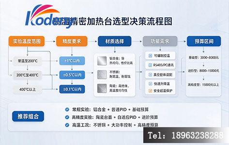 高温精密加热台选型决策流程图——从实验温度范围→精度要求→材质选择→功能需求→预算区间的决策流程图,清晰直观。