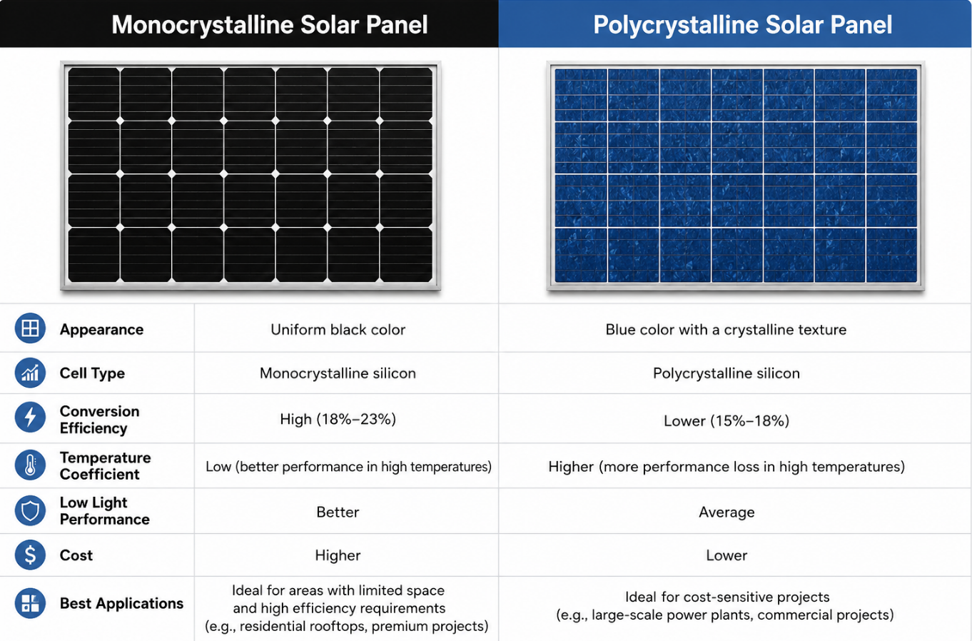 Comparison images of monocrystalline and polycrystalline silicon photovoltaic panels