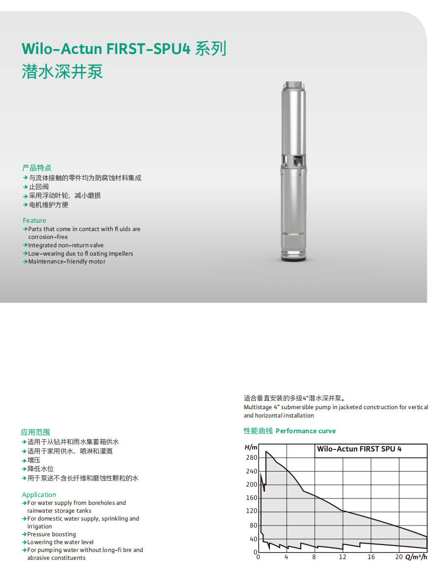 产品特点-Wilo-Actun FIRST-SPU4 系列潜水深井泵