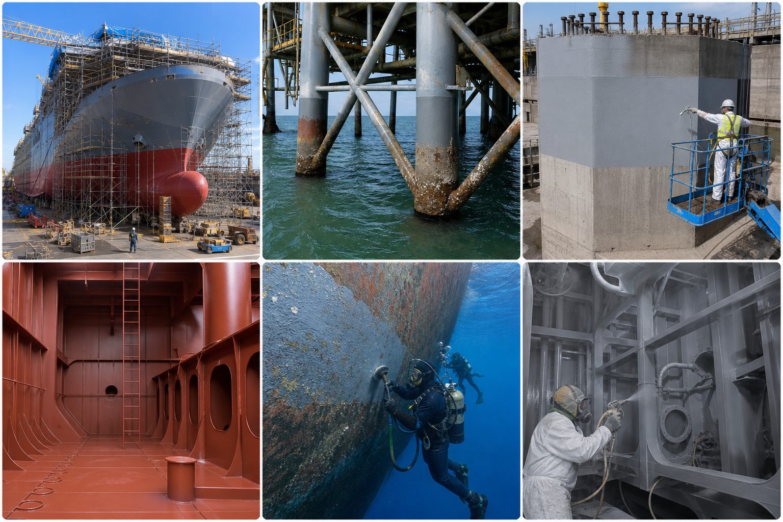 船舶建造、水下钢结构、混凝土结构、压载水舱、防污漆前道、难打砂钢构 通用环氧耐磨底漆应用领域配图