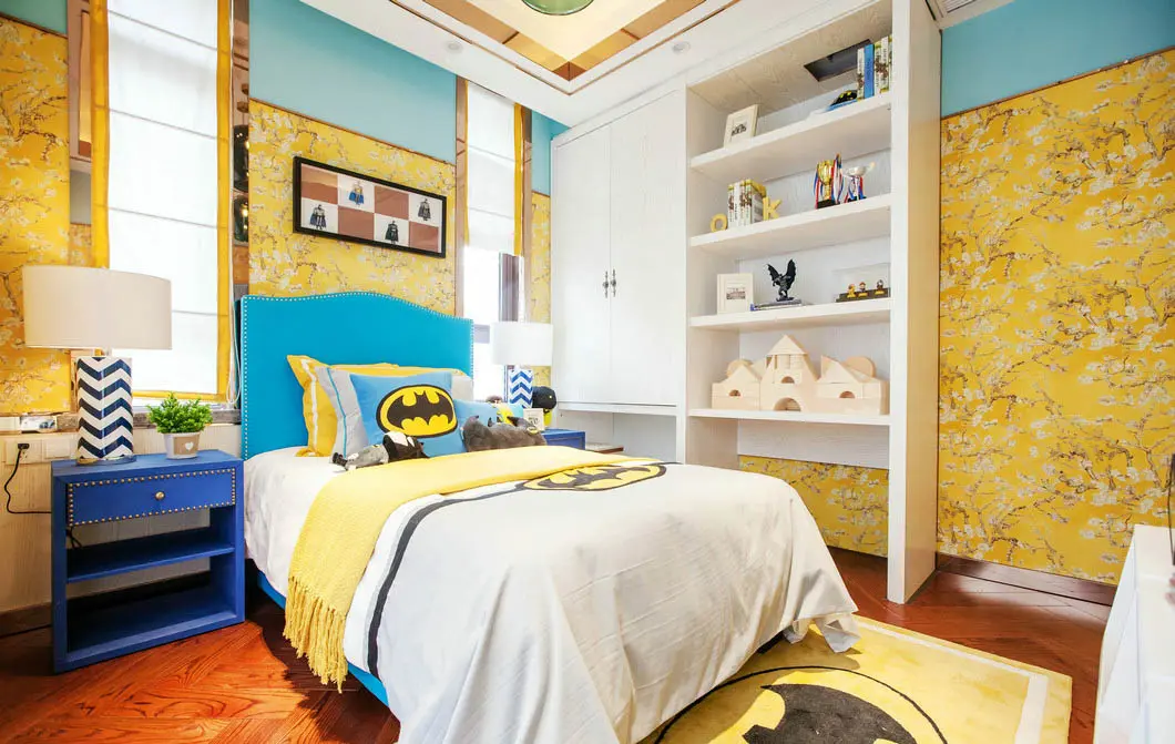 欧式实木儿童卧室 实木半开放是衣柜 深蓝色实木床头柜