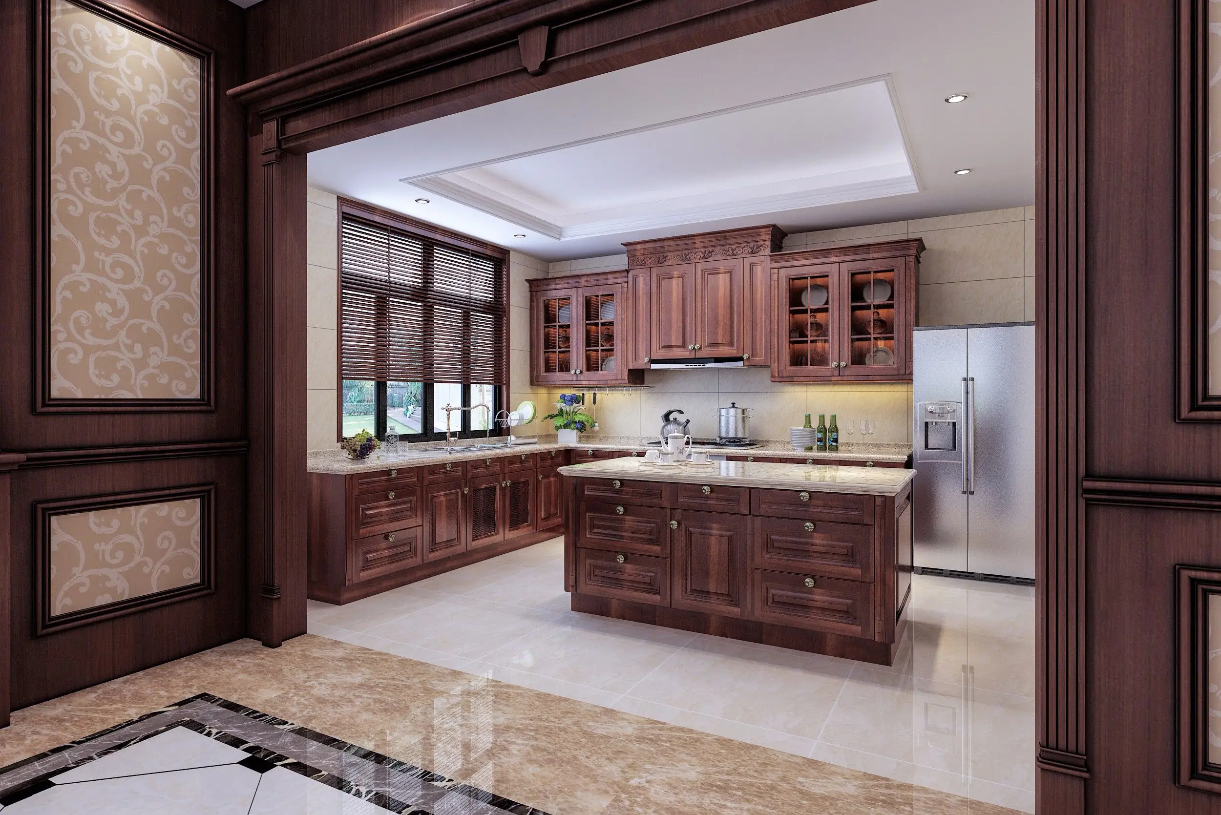 开放式实木厨房家具 实木吧台设计 实木橱柜环绕 实木墙板装饰
