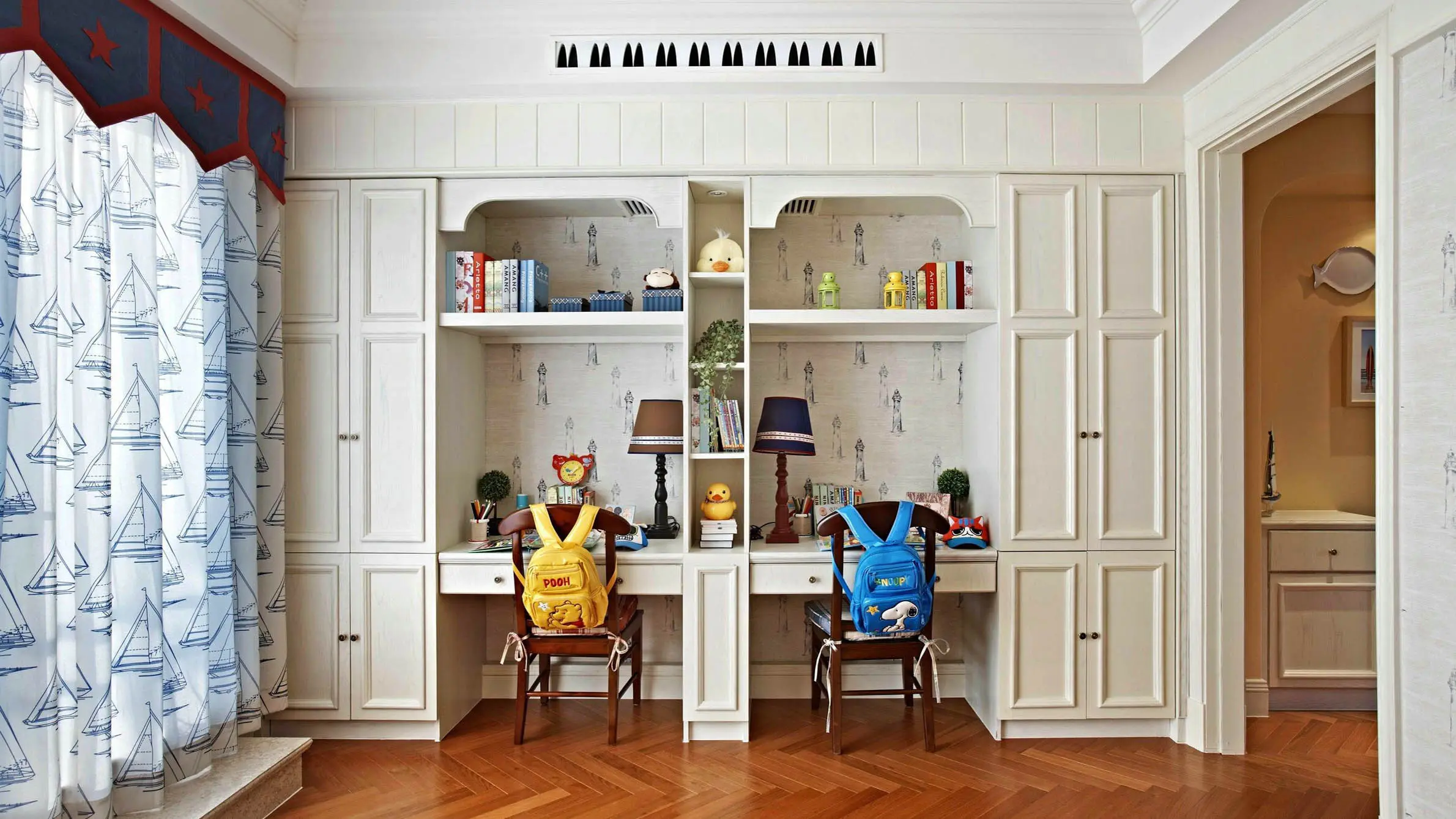欧式风格实木书房系列 儿童双人实木书桌 一体组合实木家具