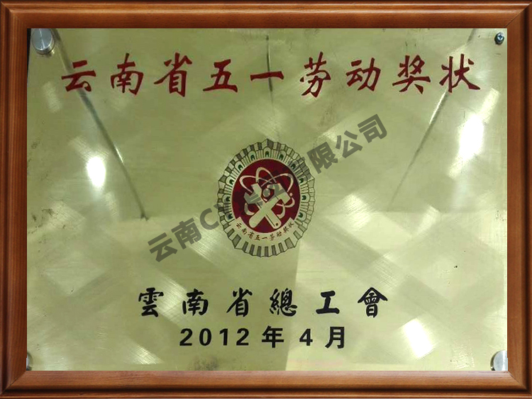 云南省五一劳动奖状-云南省总工会2012.04