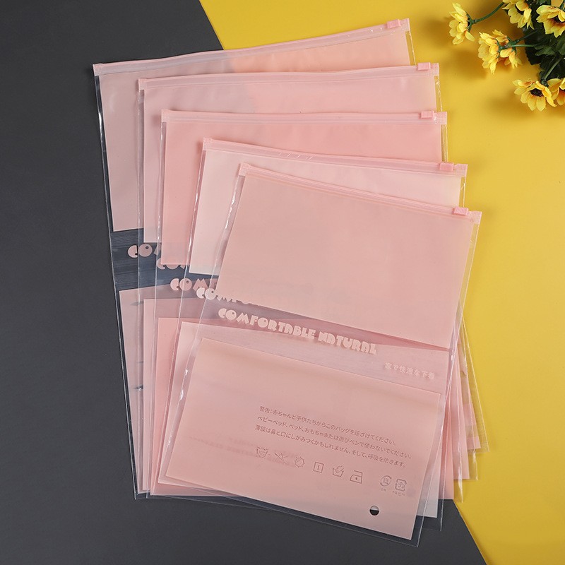 In-stock 16-micron pink garment packaging bag, underwear and sock zipper bag, semi-transparent PE plastic self-sealing bag