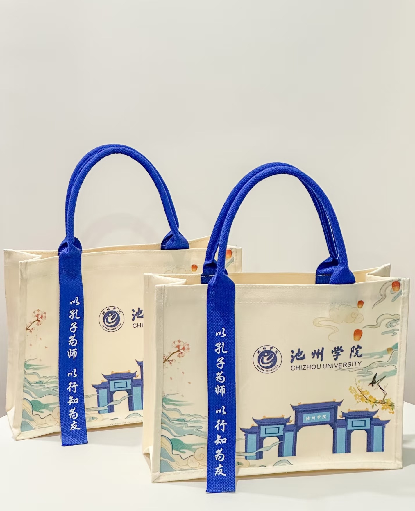 Custom Printed High-End Ribbon Canvas Tote Bags, Laminated Advertising Gift Bags for University Campaign