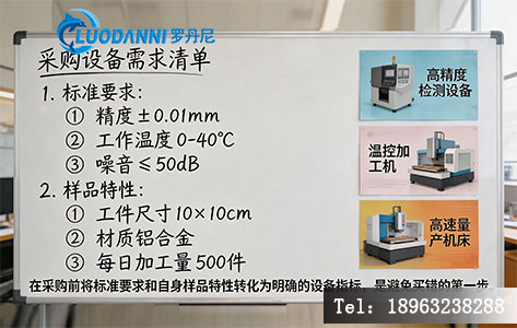 一个白板上的手写需求列表，旁边贴有多张设备宣传页。