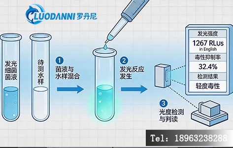 发光细菌法检测原理示意图，展示菌液与水样混合、光度检测过程，可配文字&ldquo;GB/T15441-1995 发光细菌法原理&rdquo;