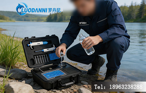 现场使用WT560plus检测水源地水样的工作场景，操作人员手持仪器站在水边