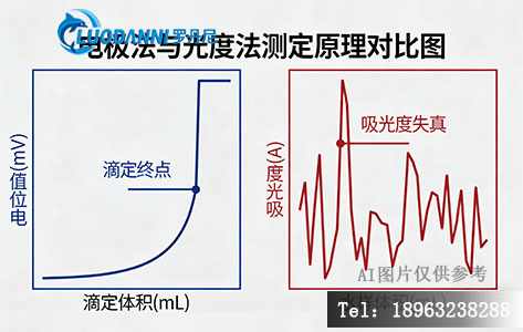 电极法测定原理动态图。展示滴定过程中电位值的缓慢上升与终点时的&ldquo;垂直突跃&rdquo;。对比光度法在浑浊水样中的吸光度失真曲线。
