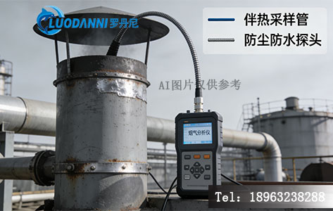 一张工业现场图，展示带有&ldquo;伴热采样管&rdquo;和&ldquo;防尘防水探头&rdquo;的烟气分析仪插入烟囱。
