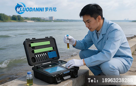 科研人员在长江边使用便携式生物毒性检测仪进行现场采样检测的实拍图