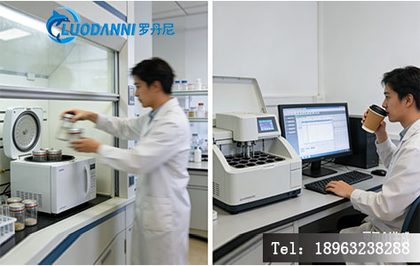 左边是实验员在通风橱前手忙脚乱转移微波罐；右边是实验员在电脑前监控全自动石墨消解仪运行，轻松喝咖啡。