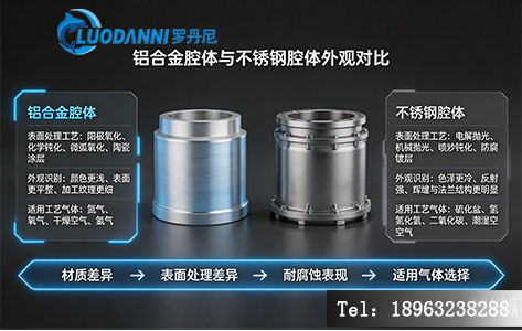 铝合金腔体与不锈钢腔体外观对比图，标注表面处理工艺差异及适用工艺气体