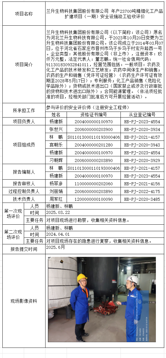 1兰升生物科技集团股份有限公司 年产23700吨精细化工产品扩建项目（一期）安全设施竣工验收评价