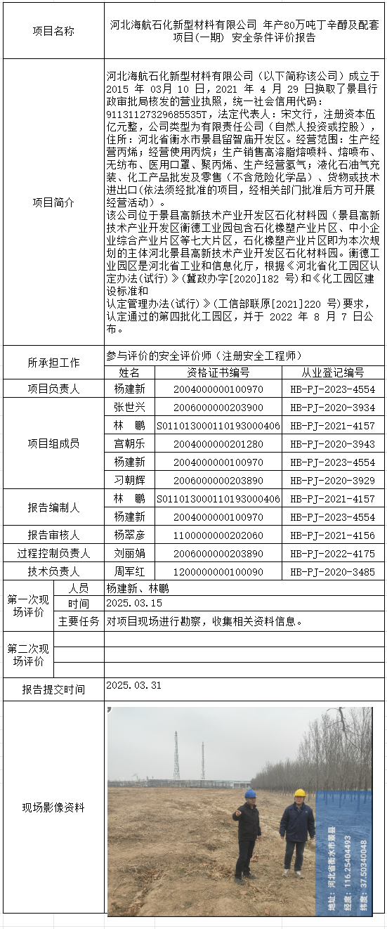1河北海航石化新型材料有限公司 年产80万吨丁辛醇及配套项目(一期) 安全条件评价报告