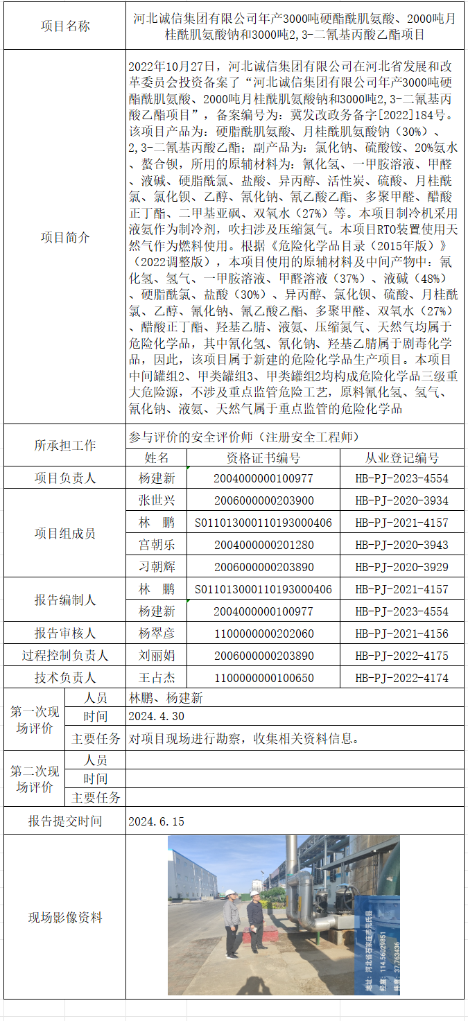 河北诚信集团有限公司年产3000吨硬酯酰肌氨酸、2000吨月桂酰肌氨酸钠和3000吨2,3-二氰基丙酸乙酯项目