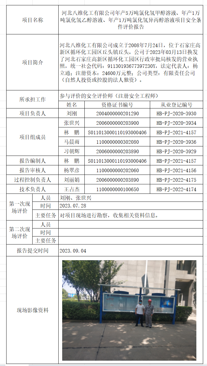河北八维化工有限公司年产5万吨氯化氢甲醇溶液、年产1万吨氯化氢乙醇溶液、年产1万吨氯化氢异丙醇溶液项目安全条件评价报告