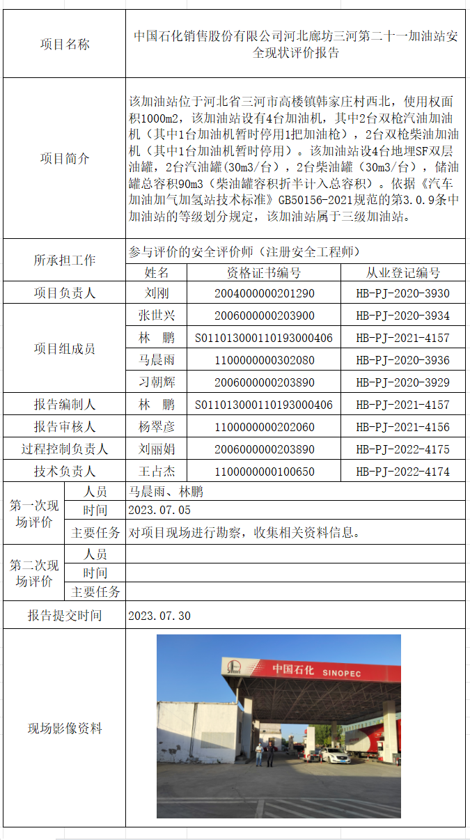 中国石化销售股份有限公司河北廊坊三河第二十一加油站安全现状评价报告