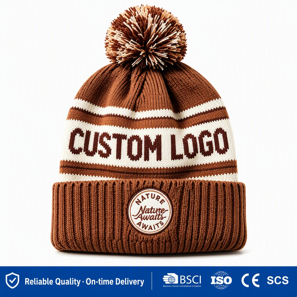 Wholesale Custom Nature Awaits Striped Beanies | Low MOQ 30-50pcs Pom-Pom Hats | BSCI ISO Certified Factory Outdoor Knit Caps