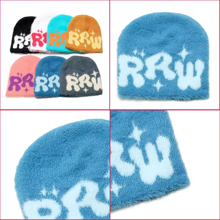 Wholesale Custom Logo Y2K Mohair Beanies | Soft Fluffy Star Jacquard Knit Hats | OEM ODM Premium Mink Fur Winter Headwear