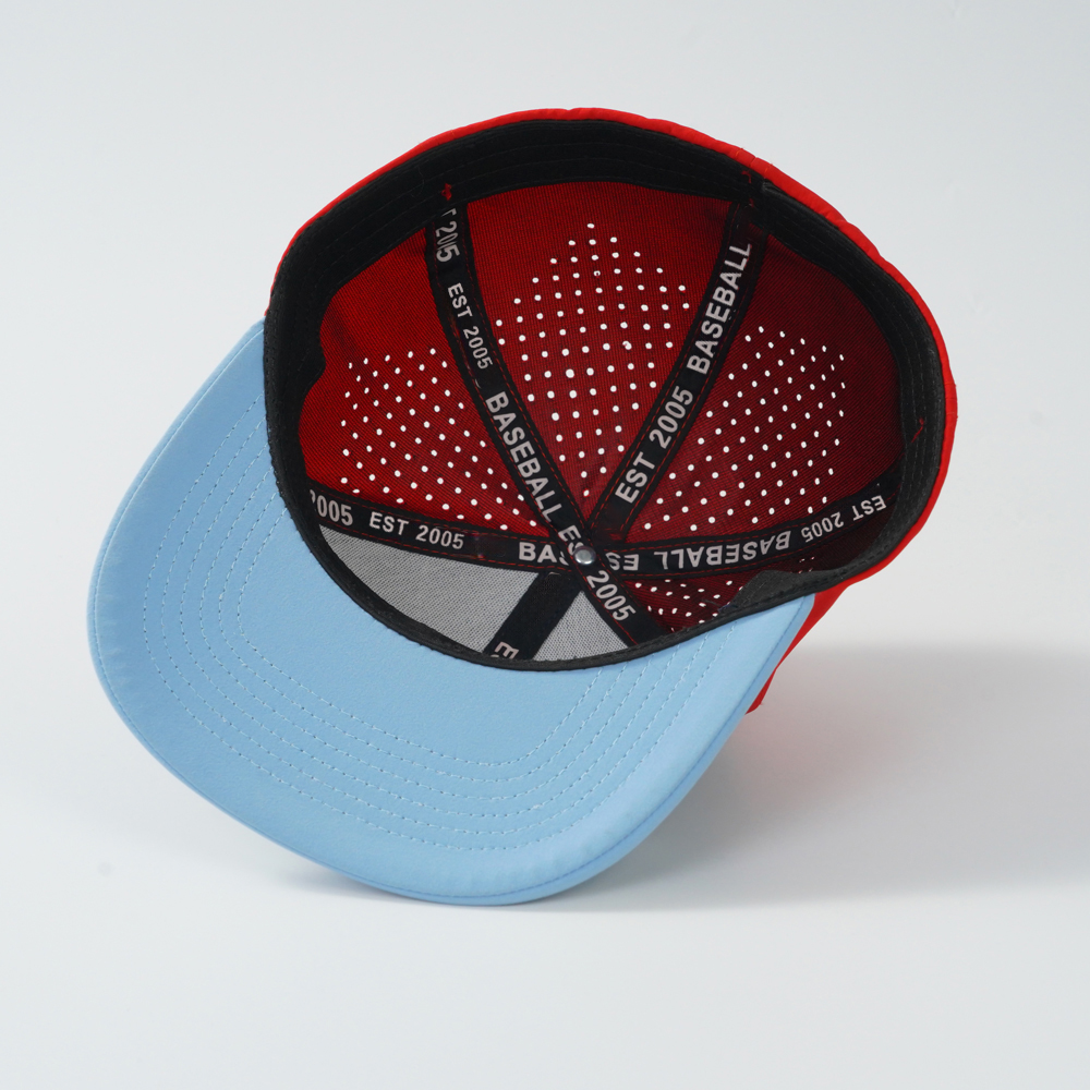 Wholesale Performance Fabric Color Block Flat Bill Snapback Caps Laser Perforated 3D Embroidery for Sports Team Apparel