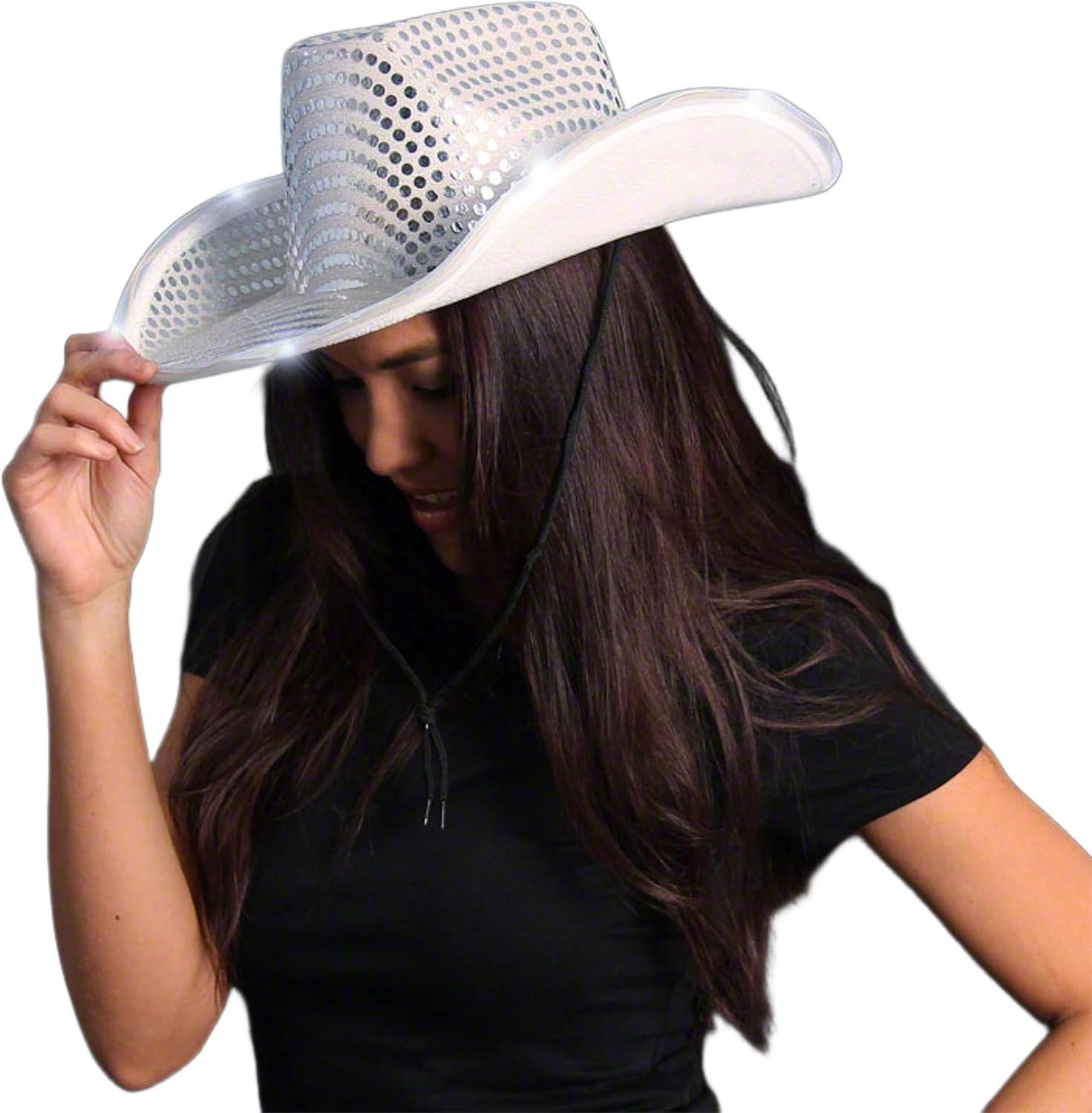 Factory Price Glitter Disco Sequin Cowgirl Hat with LED Light Brim for Women Men Space Themed Party