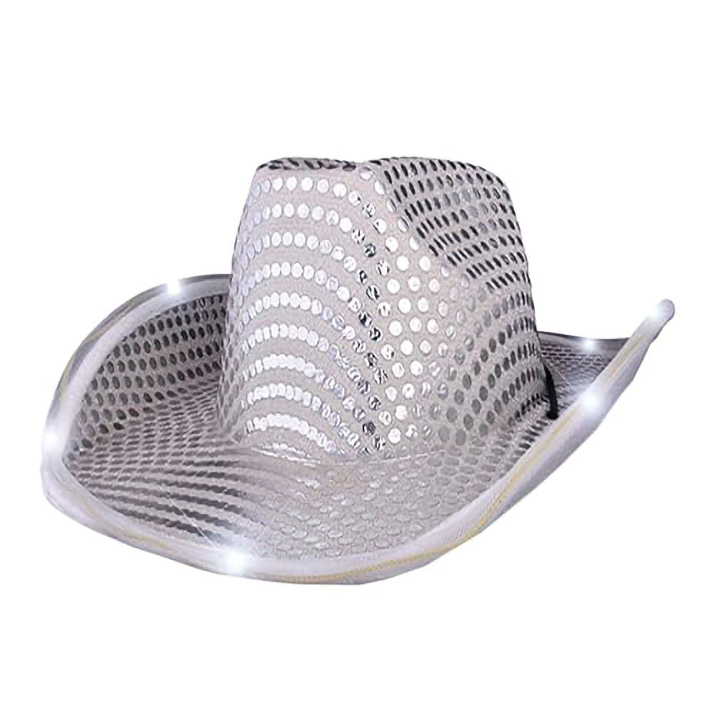 Factory Price Glitter Disco Sequin Cowgirl Hat with LED Light Brim for Women Men Space Themed Party