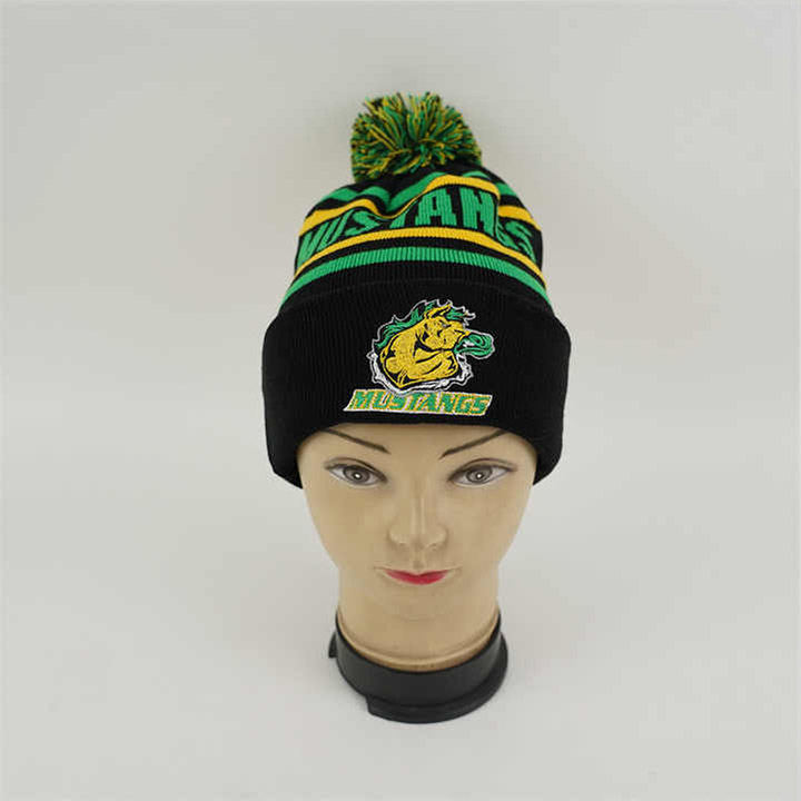 Custom Logo Winter Jacquard Pom Pom Hat With Top Ball Custom Jacquard Design Acrylic Knit Pom Beanie