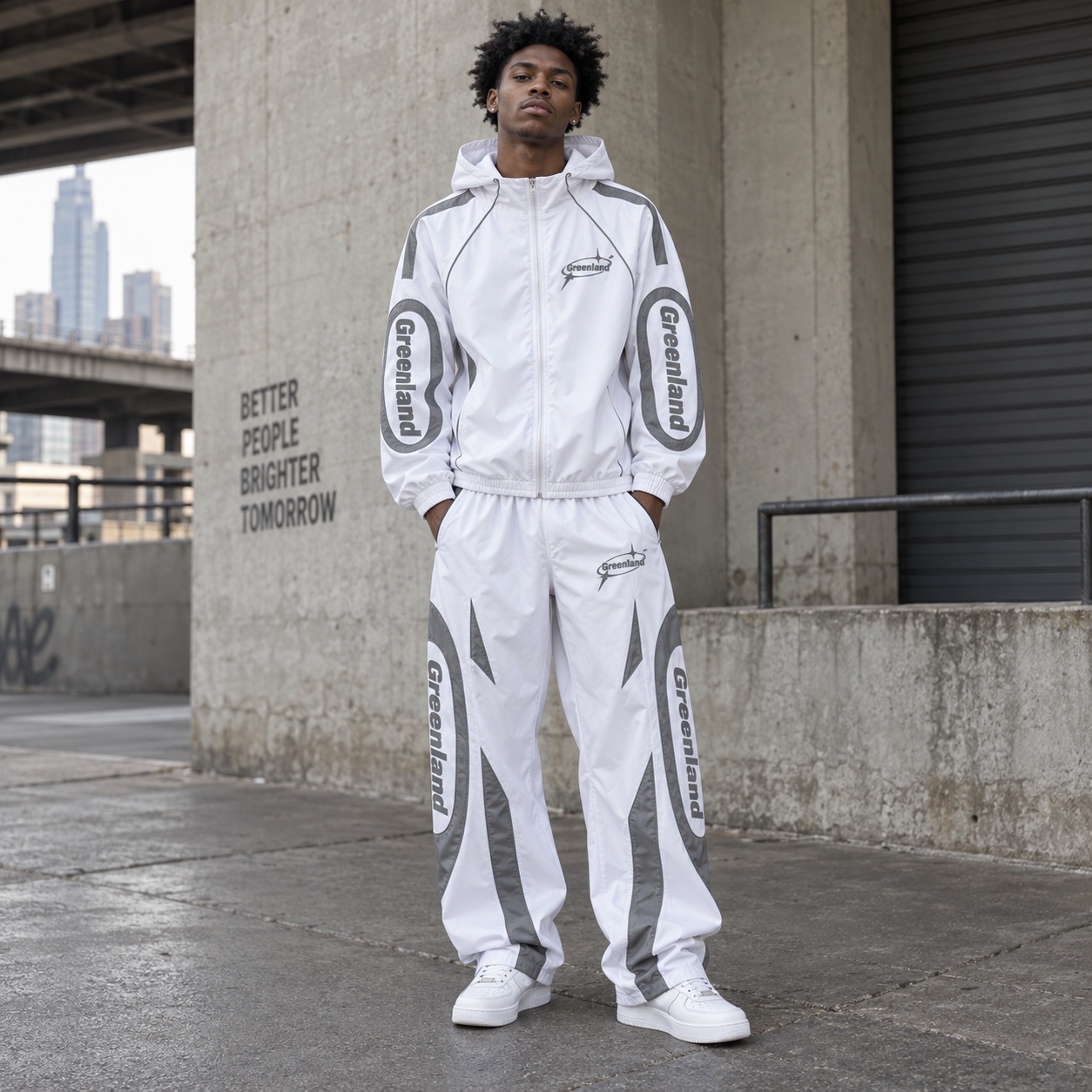 Wholesale Custom Greenland Techwear Tracksuit | Y2K Aesthetic Hooded Windbreaker & Joggers | OEM ODM Urban Sports Apparel Set