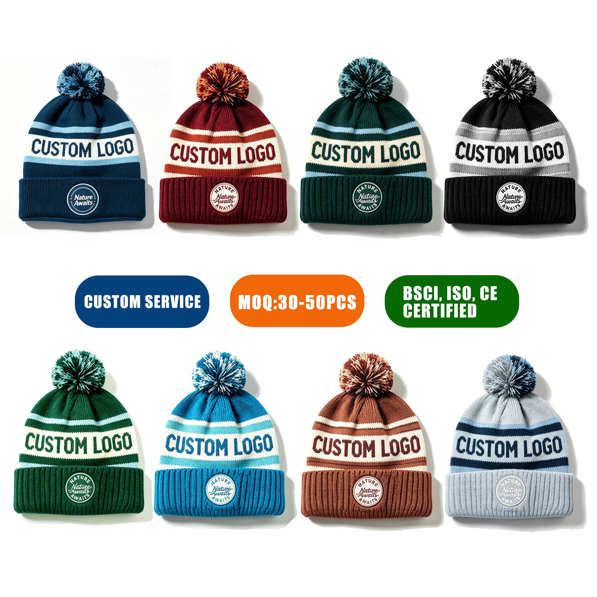 Wholesale Custom Nature Awaits Striped Beanies | Low MOQ 30-50pcs Pom-Pom Hats | BSCI ISO Certified Factory Outdoor Knit Caps
