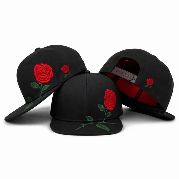 Wholesale Custom 3D Rose Embroidery Snapback Hats | Premium Black Flat Brim Baseball Caps | OEM ODM Floral Streetwear Headwear