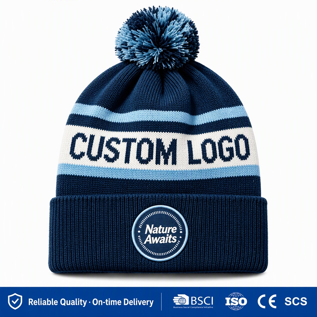 Wholesale Custom Nature Awaits Striped Beanies | Low MOQ 30-50pcs Pom-Pom Hats | BSCI ISO Certified Factory Outdoor Knit Caps