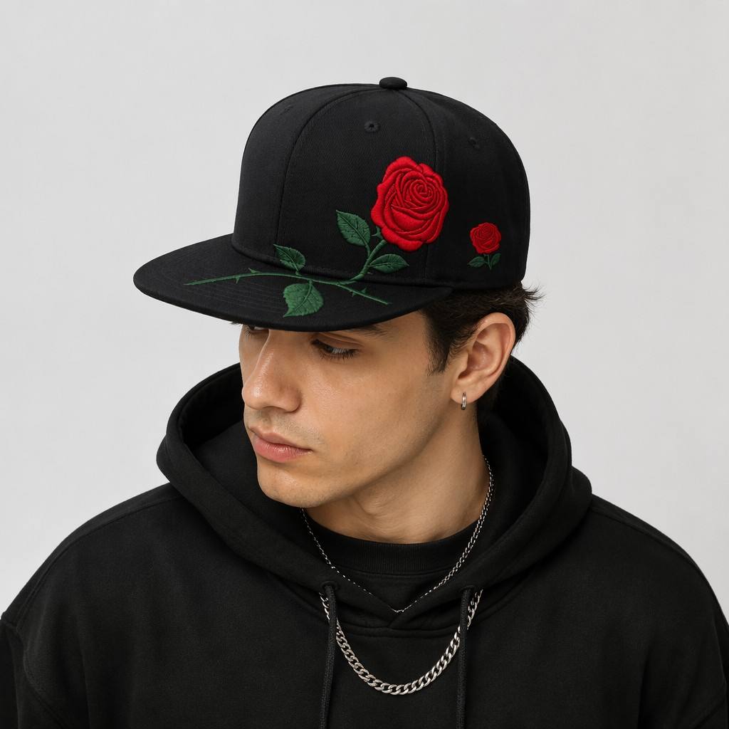 Wholesale Custom 3D Rose Embroidery Snapback Hats | Premium Black Flat Brim Baseball Caps | OEM ODM Floral Streetwear Headwear